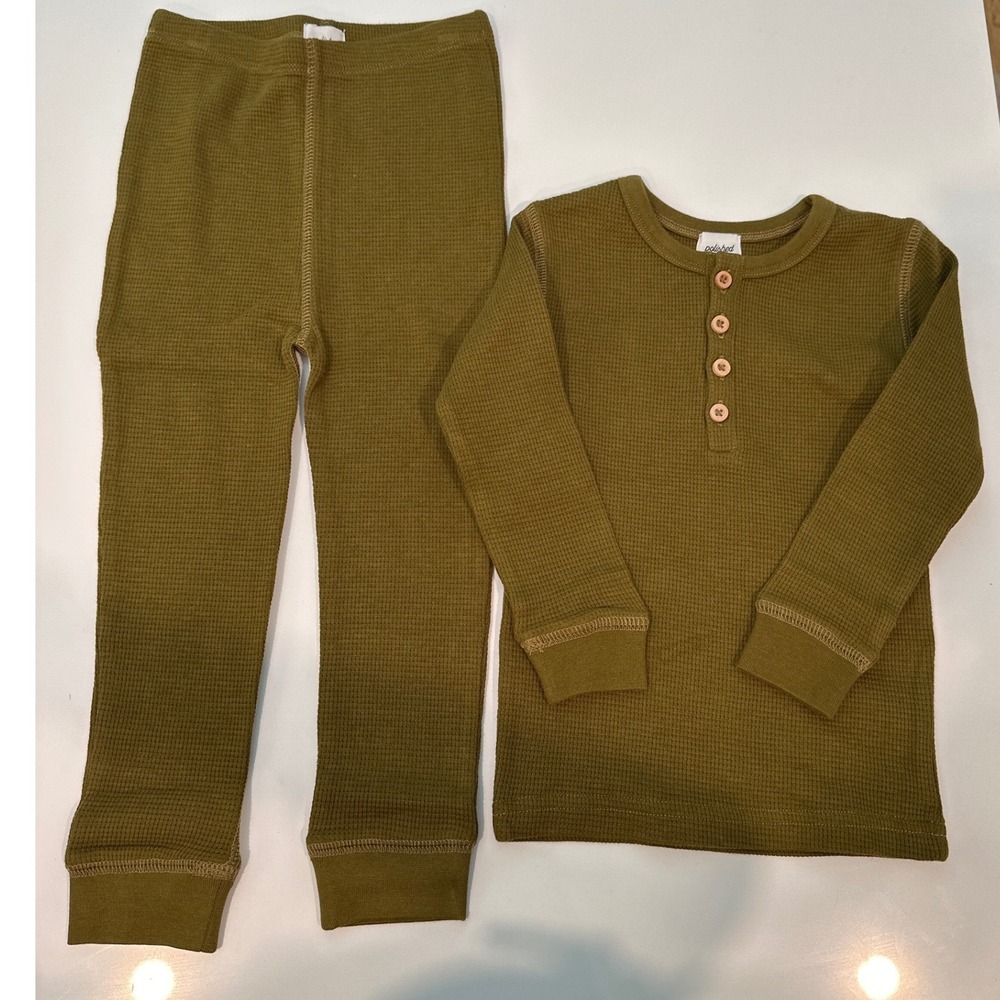 Polished Prints Kids Waffle Pajama Set Fir Green Organic Cotton Henley 2T NEW